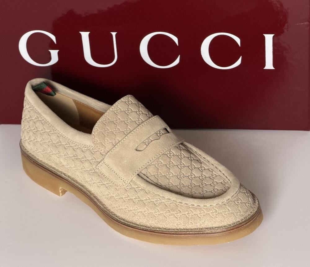 Gucci Mens GG Monogram Suede Loafers Shoes Oatmeal 9.5 US (9 Gucci) 831289 NIB